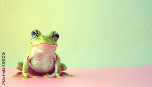 Green frog on pastel background. World frog day concept, Space for text