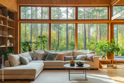 Nordic or Scandinavian home interior design of modern living room in house in forest  with trees outside the windows