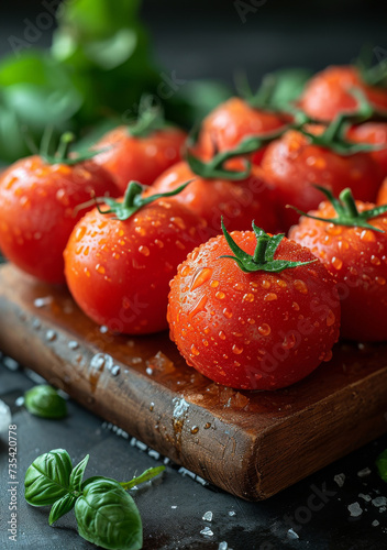 Fresh tomatoes on wooden board with basil and sea salt