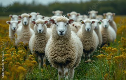 Large herd of sheep. Sheep herd on grassy background photo