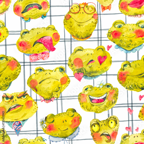Cute Frog Seamless Pattern, Happy Faces