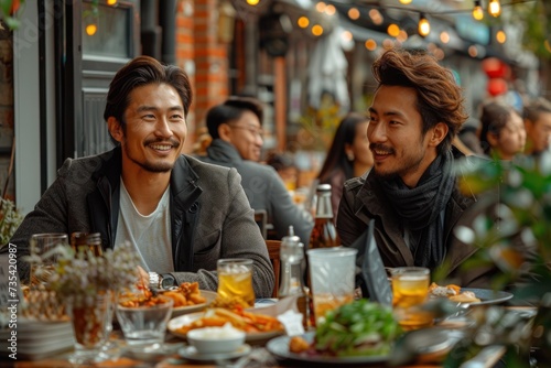 Smiling Asian business people having a lunch outdoors. They are smiling and having positive emotion while they talk 