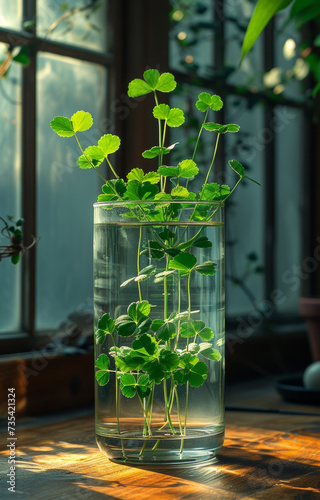 Glass jar with water and green plants. Clover or trefoil medicinal herbs.