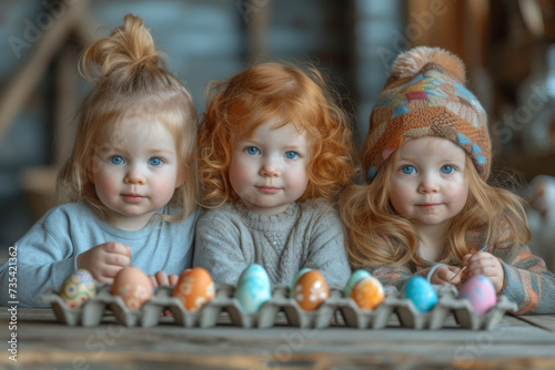 Three little sisters play with Easter eggs in the village