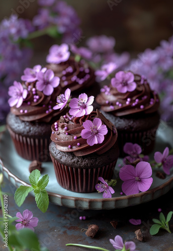 Chocolate cupcakes with pink flowers on plate. An app with images of flowers with chocolate cupcakes