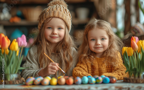 Two cute little sisters are painting eggs with brushes and watercolors in the room on the table on the background of flowers.