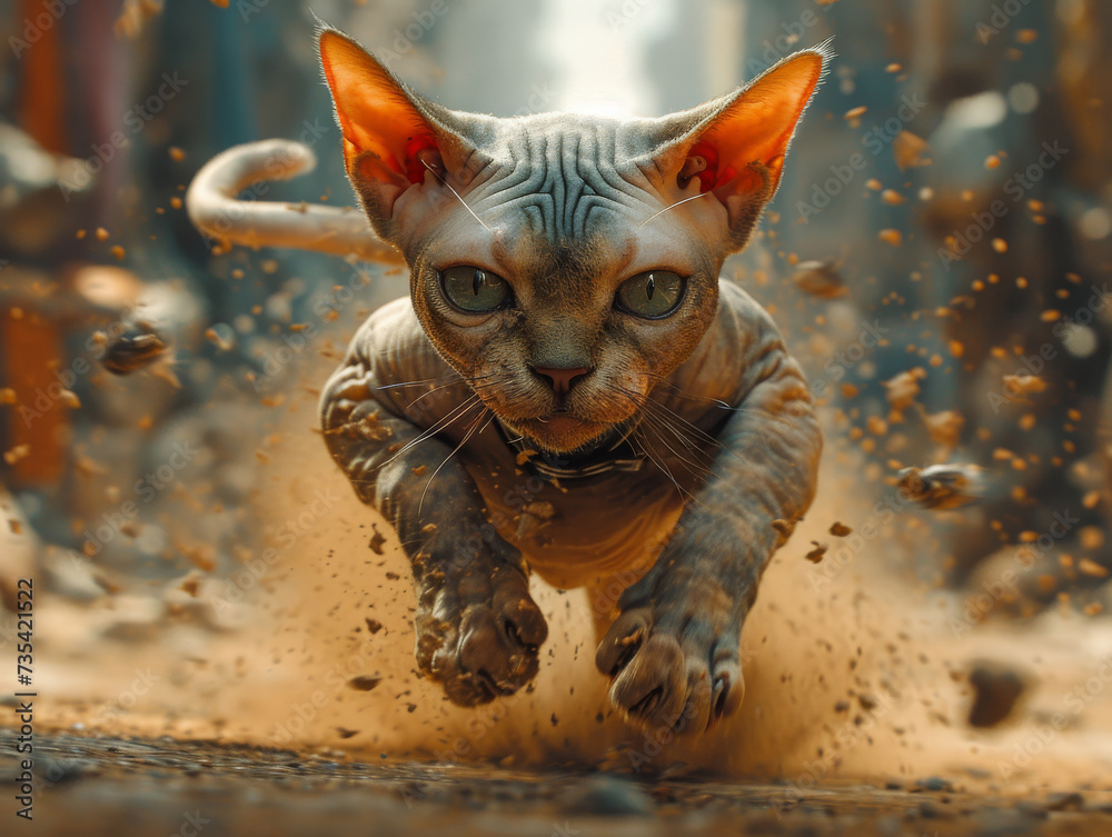 Sphynx cat runs on the sand in the summer