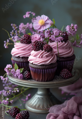 Blackberry cupcakes on cake stand. An app with images of flowers with chocolate cupcakes