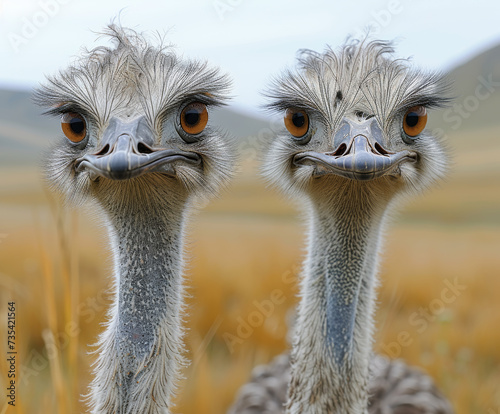 Two ostriches look at the camera. The pair of ostriches stand next to each other in a field