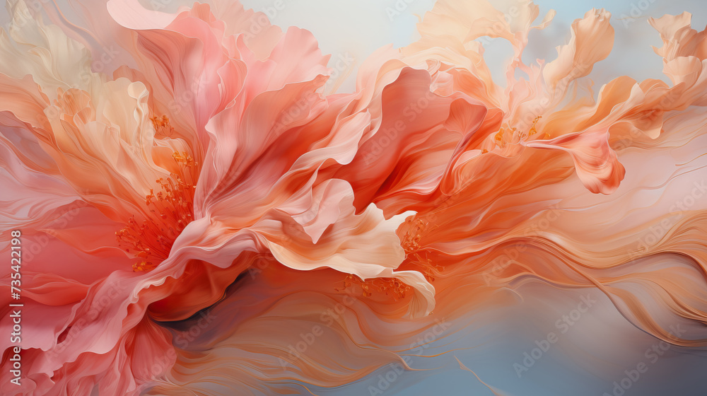 abstract painting of a three-dimensional flower with large petals made of acrylic paint in pink and peach shades