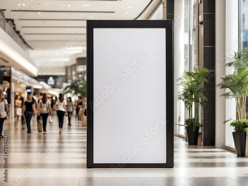 A mockup poster stands within a shopping centre mall setting or the high street, showcasing a wide banner design featuring ample blank space for your content design. © Mahmud