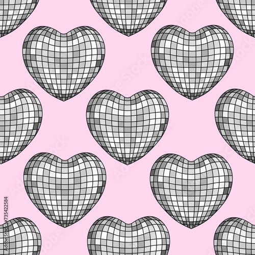 Seamless pattern with silver heart shaped disco balls. Vector holiday background	
