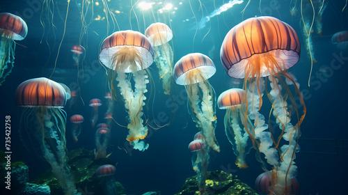 jellyfish in aquarium,, Underwater scene of jellyfish floating in sun rays below surface of the ocean 