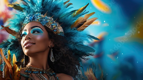 A beautiful young woman with a feather headdress at carnival.