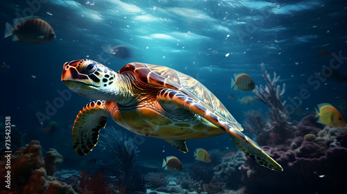 green sea turtle swimming,, Great turtle HD 8K wallpaper Stock Photographic Image 
