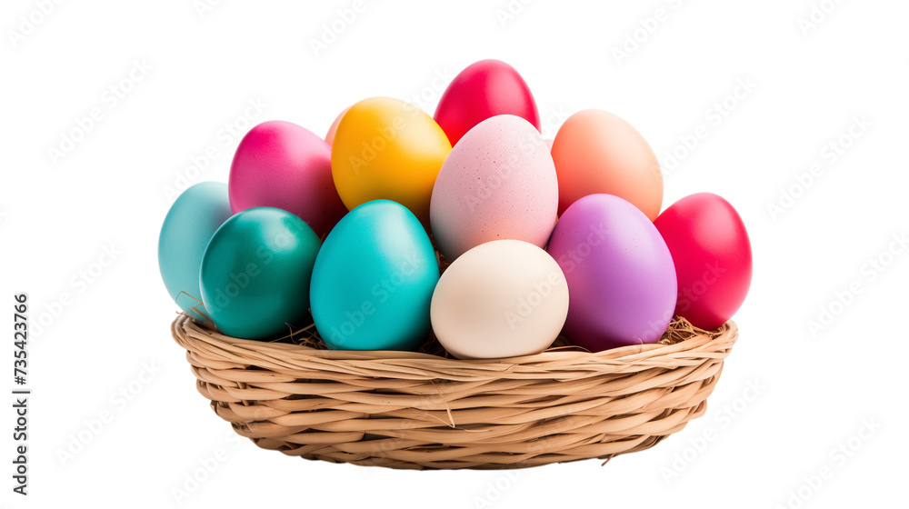 Happy Easter Eggs in Basket isolated on a transparent background.