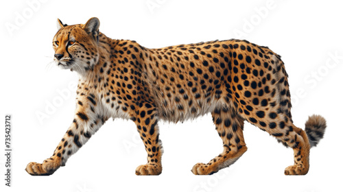 A majestic cheetah with striking black spots prowls through the african savannah, its sleek fur and powerful snout representing the fierce beauty of the felidae family