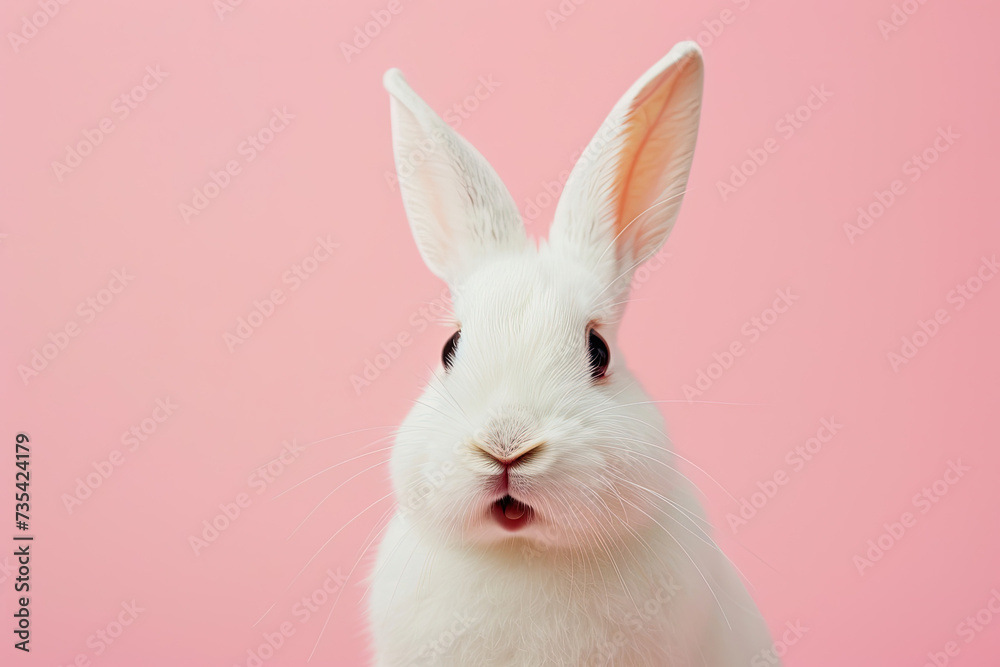 Close Up of White Rabbit on Pink Background