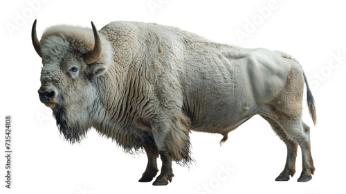 A majestic white buffalo stands proudly, its curved horns glinting in the sunlight as it roams the great outdoors, embodying the wild spirit of a terrestrial mammal among domestic livestock © Daniel