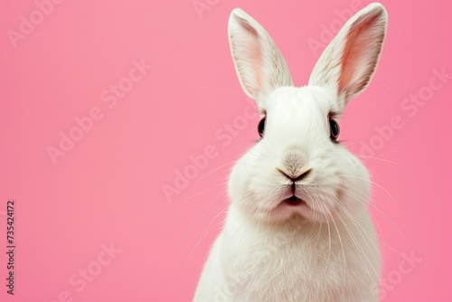 Close Up of White Rabbit on Pink Background