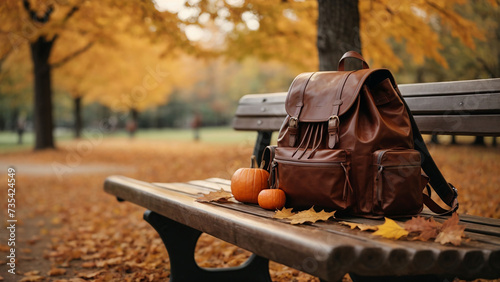 Fototapeta Naklejka Na Ścianę i Meble -  School backpack on the bench in autumn park