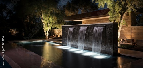 outdoor home modern water feature fountain waterfall on swimming pool as wide banner with copy space area for garden landscape design concepts