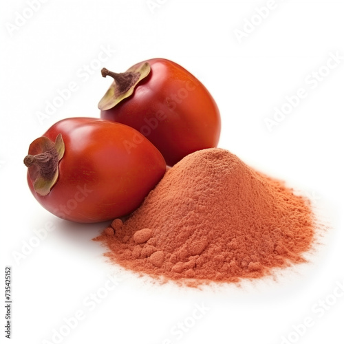 close up pile of finely dry organic fresh raw tamarillo powder isolated on white background. bright colored heaps of herbal, spice or seasoning recipes clipping path. selective focus