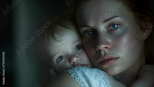 A mother with dark undereye circles and a baby in her arms as she battles with both postpartum fatigue and her childs sleep schedule, female Holding Baby in Her Arms photo