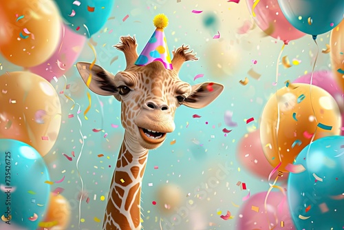 Children's birthday concept. A cute giraffe with confetti and colorful balloons.