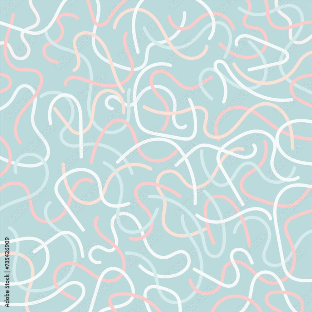 Abstract colorful hand-drawn doodle pattern with chaotic lines. Blue, pink, white vector illustration for cards, business, banners, textile, wrapping. Editable stroke