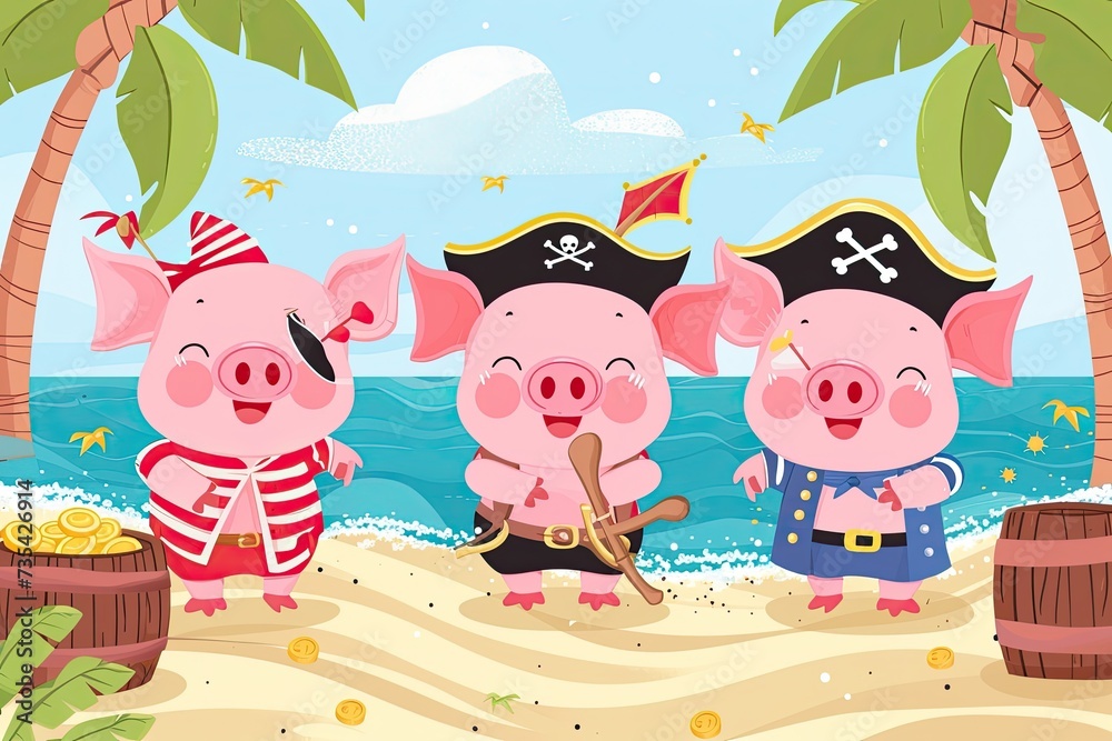 Fototapeta premium Three cute pigs dressed up as pirates. Children's wallpaper in cartoon style.