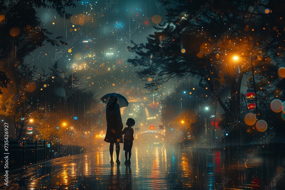 Mother holding umbrella with her kid walks down the street watching lights of big city. View from behind.