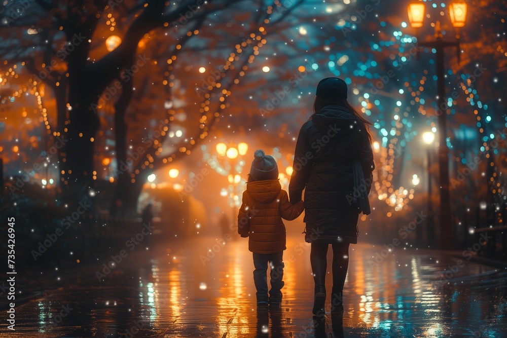 Mother with her kid walks down the street watching lights of big city. View from behind.