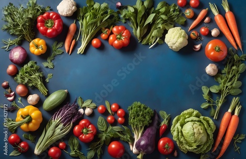 Fruits, vegetables and herbs on blue background. Rustic concept. Top view, lots of empty space, space for text.