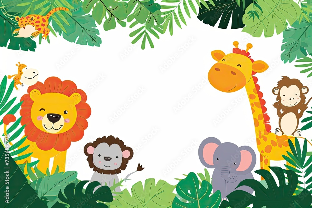 Naklejka premium Jungle wallpaper in cute cartoon style with animals. Empty space in the middle.