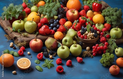 Fruits  vegetables and herbs on blue background. Rustic concept