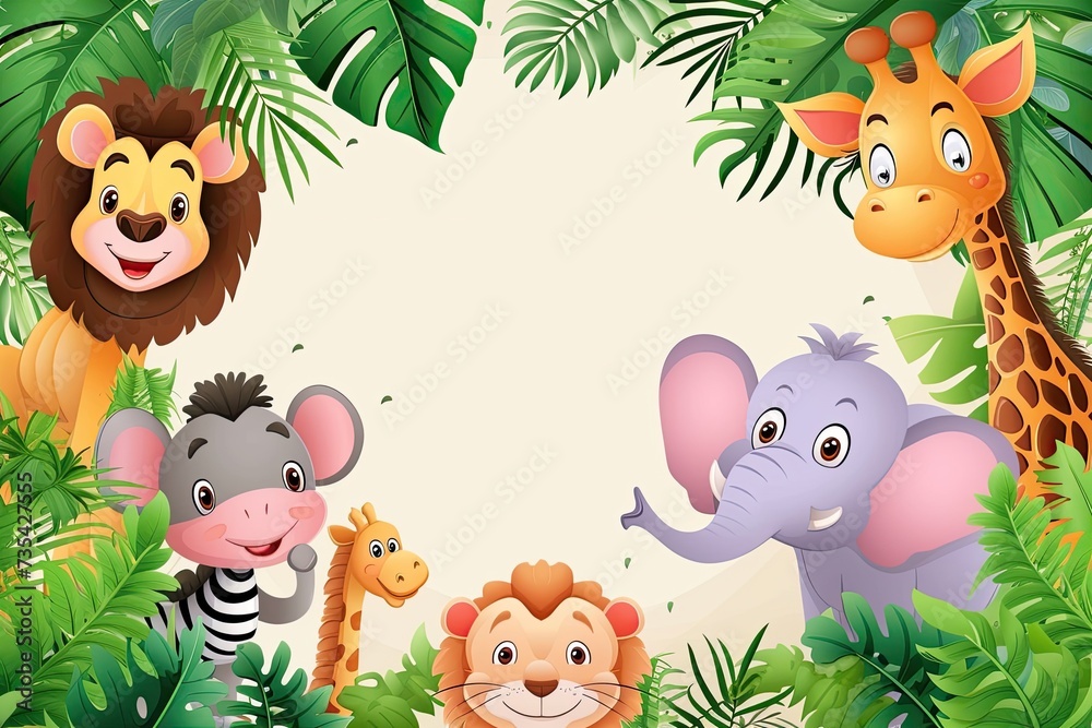 Naklejka premium Jungle wallpaper in cute cartoon style with animals. Empty space in the middle.