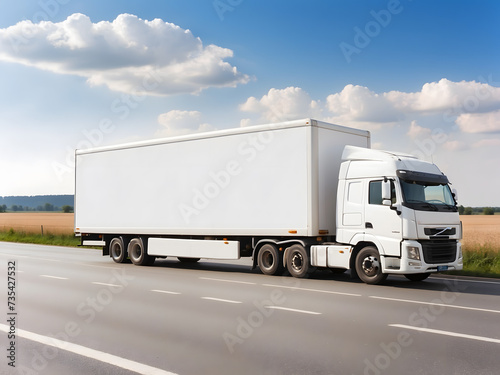 A white cargo truck design with a white blank empty trailer for an ad on a highway road in Europe design.