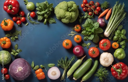 Fruits, vegetables and herbs on blue background. Rustic concept