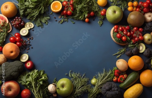 Fruits, vegetables and herbs on blue background. Rustic concept. Top view, lots of empty space, space for text.