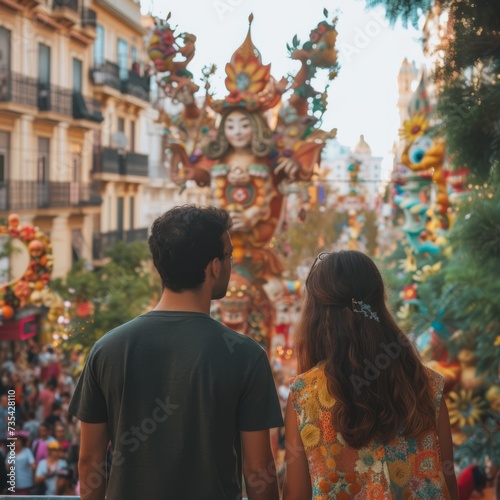 view from behind, a couple view the impresionant monument of las fallas festivity in Valencia