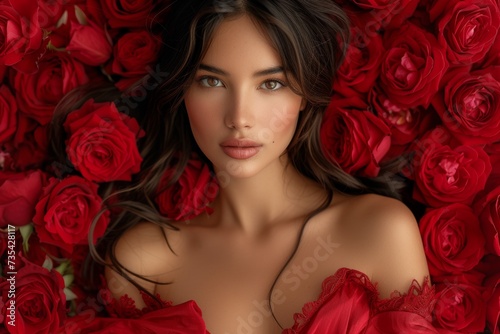 A captivating woman with deep, soulful eyes lies enveloped in a sea of vivid red roses, radiating beauty and romance, symbolizing celebration Valentine's Day