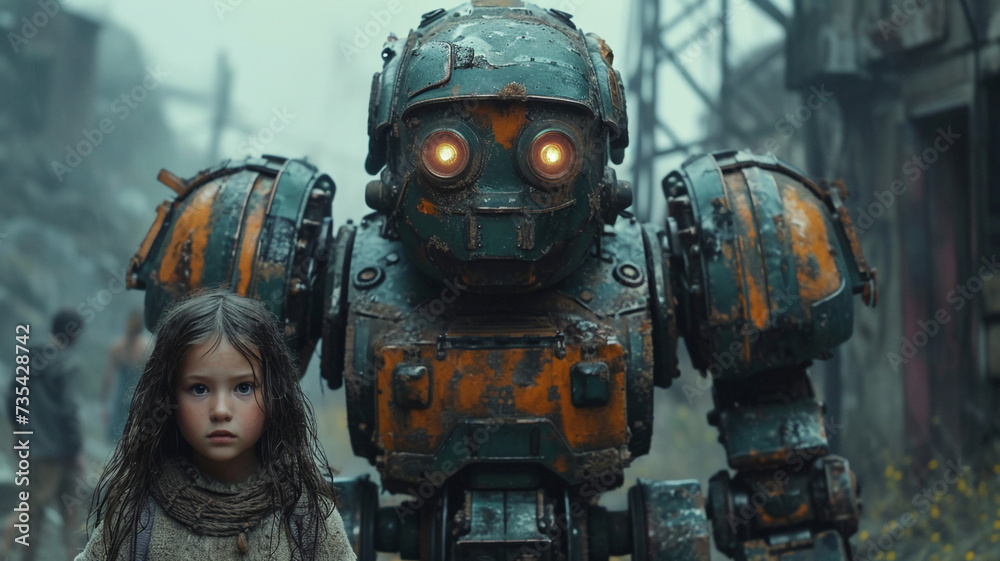 Solace in Silence: Girl and Robot Wandering Through Desolation
