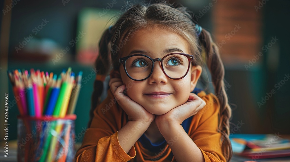 schoolgirl in glasses sitting at the desk schoolgirl in glasses sitting at the desk