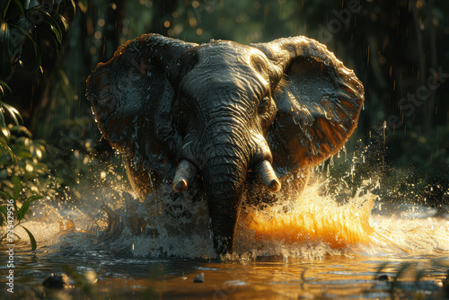 An elephant joyfully splashing in a watering hole surrounded by lush greenery, illustrating the carefree spirit of wildlife in their natural habitat. Concept of joyful wildlife. Generative Ai. © Sebastian