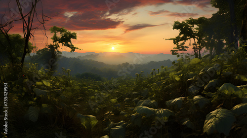 Scrub Forest At Sunrise Heights A Fantasy Landscape Painting,, calming anime background high quality Free Photo