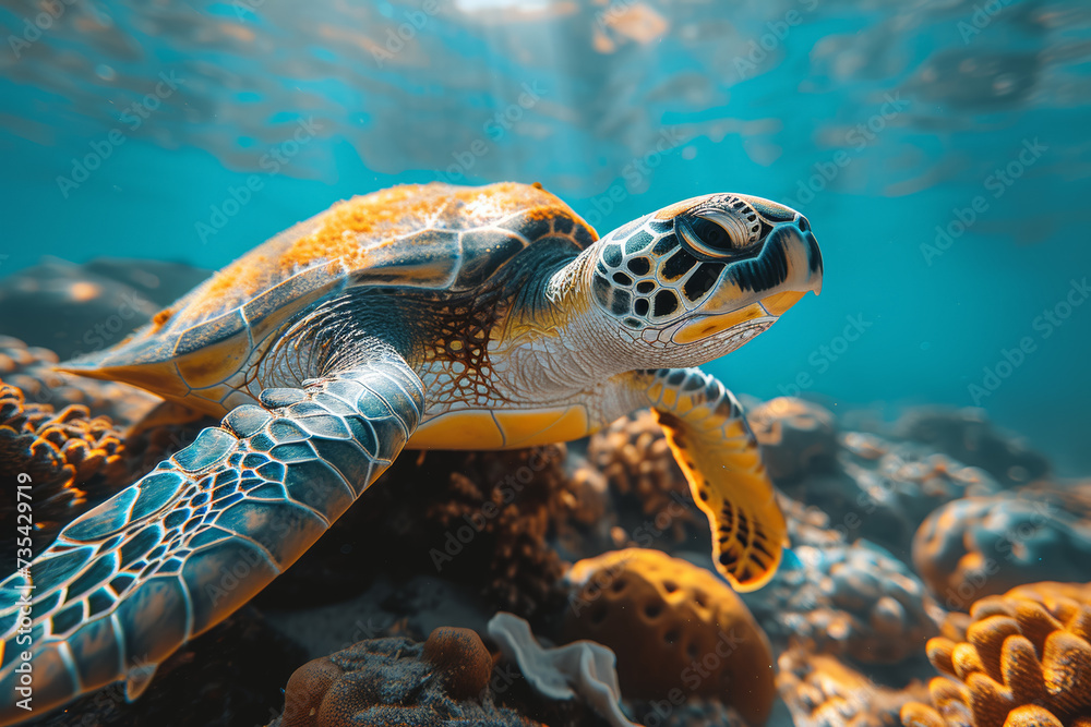 Fototapeta premium A turtle navigating through a pristine coral reef, highlighting the diversity and beauty of marine ecosystems. Concept of underwater exploration. Generative Ai.