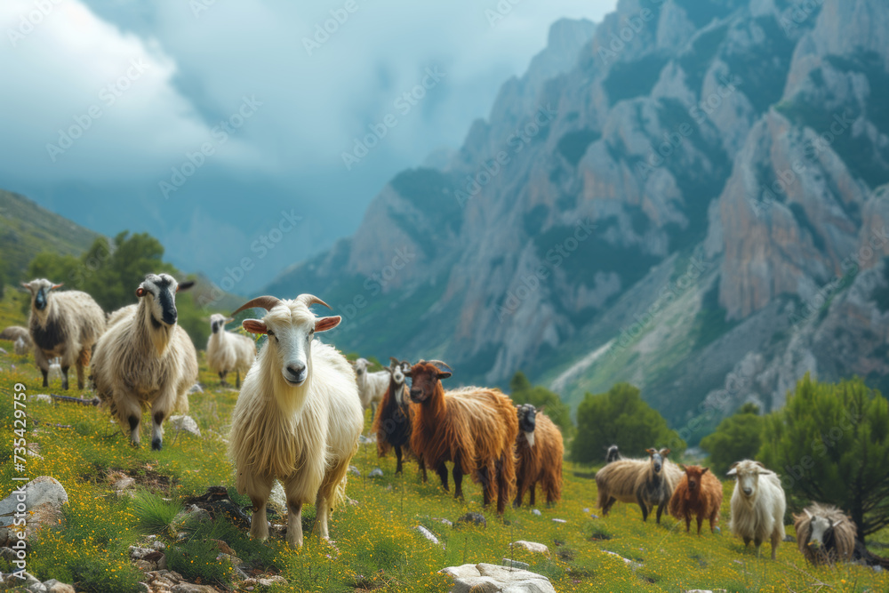 A group of goats grazing on a mountainside, showcasing their adaptability to challenging terrains. Concept of mountainous foraging. Generative Ai.