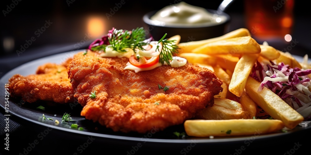 German tradition meal food schnitzel and fried potato fries and salad on plate view