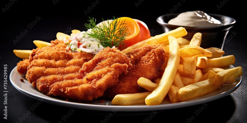 German tradition meal food schnitzel and fried potato fries and salad on plate view